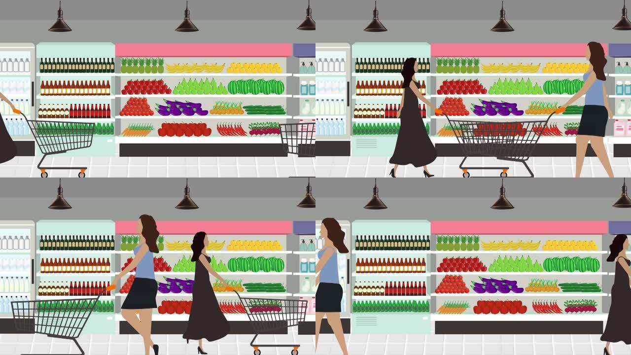 女人在超市区散步，卡通动画背景