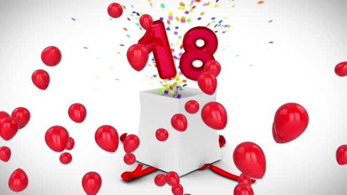 白色礼品盒上的红色气球动画打开释放彩色五彩纸屑和18号