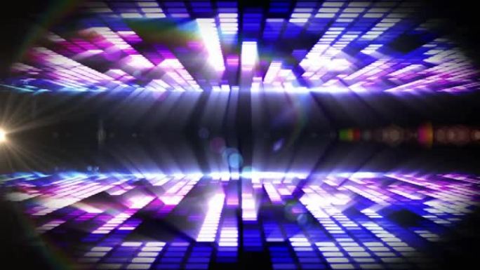 紫色图形音乐均衡器灯和移动聚光灯的动画