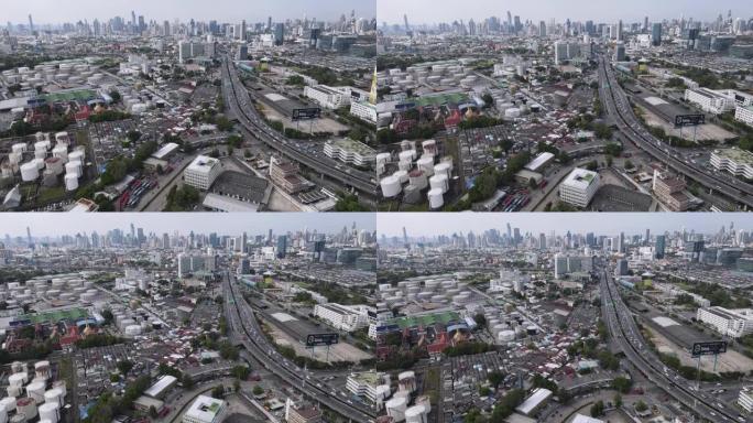 鸟瞰图，曼谷高速公路穿过工业区