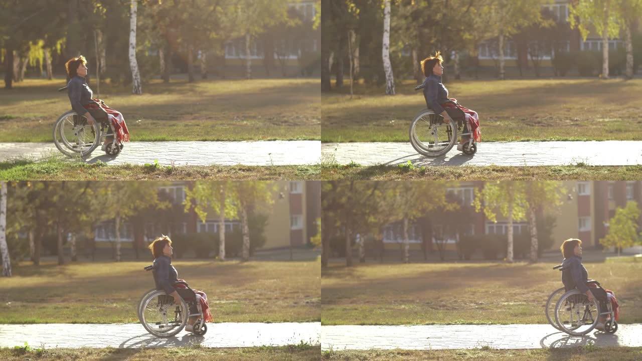 坐轮椅在公园里的女人