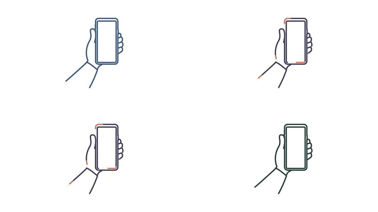 手头上的智能手机。电话图标。触摸屏，电话显示屏。手机。运动图形。