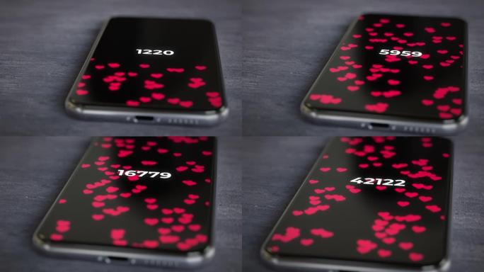 桌子上的智能手机显示社交媒体，如带有心脏图标的柜台4k