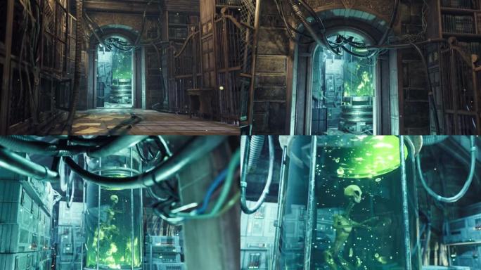 在秘密实验室中对漂浮在绿色冒泡液体中的外星人进行实验。该动画是为外星人，科幻或太空旅行而设计的。外星