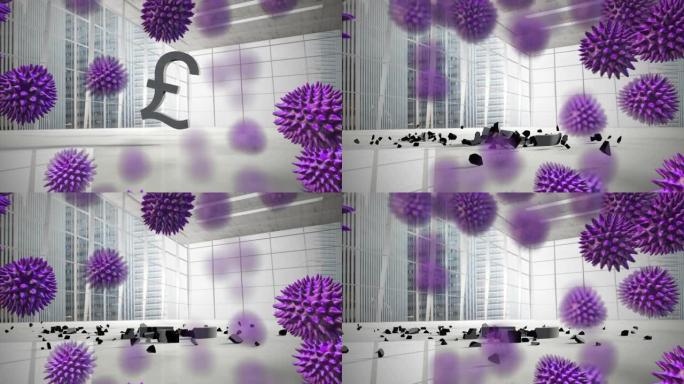 多个新型冠状病毒肺炎单元格漂浮在英镑货币符号上，跌落并打破办公室