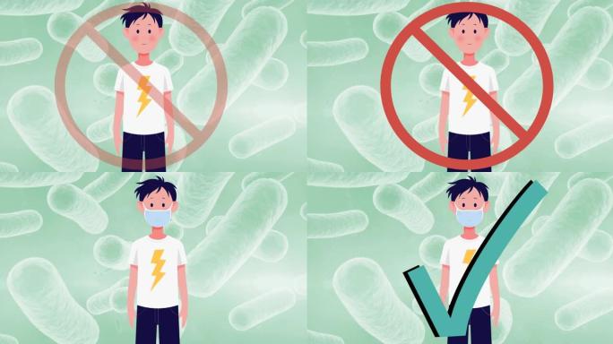 禁止标志的动画与人在病毒细胞上