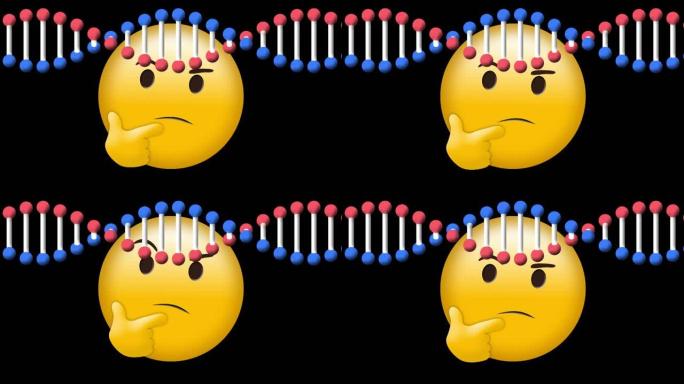 黑色背景上移动dna链上的思维表情图标动画