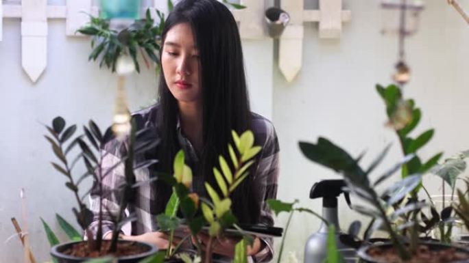 一个亚洲女人是一个卖植物的网上卖家。