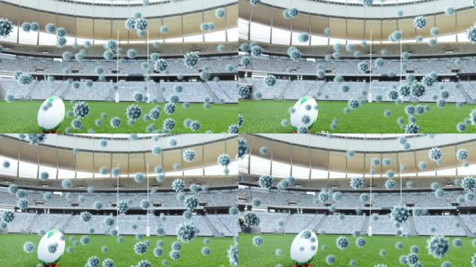体育场上漂浮在橄榄球球上的多个新型冠状病毒肺炎细胞