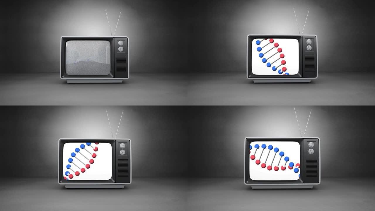在灰色背景下在电视屏幕上旋转的dna结构数字动画