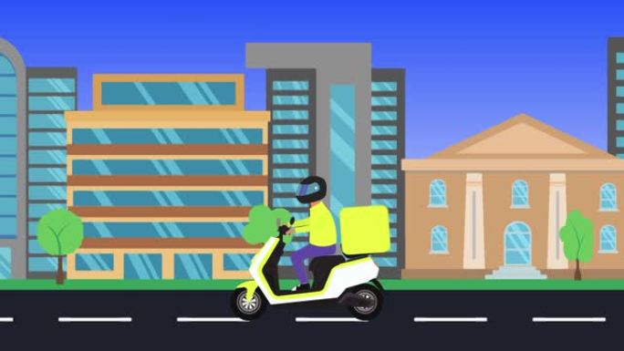 送货摩托车在城市运行，平面设计动画