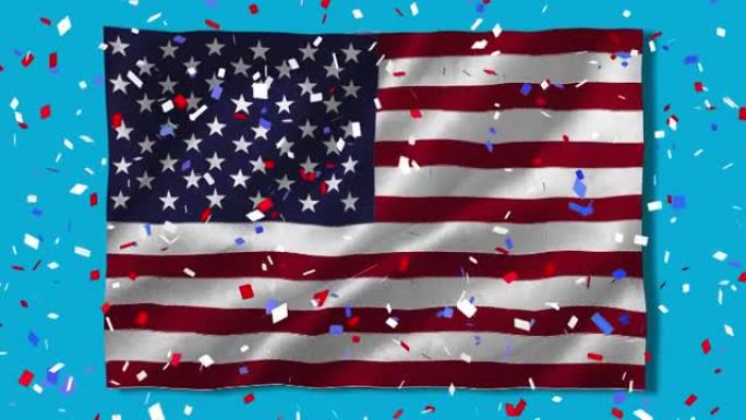 五彩纸屑飘落，挥舞着美国国旗，星星在蓝色背景上旋转着圆圈