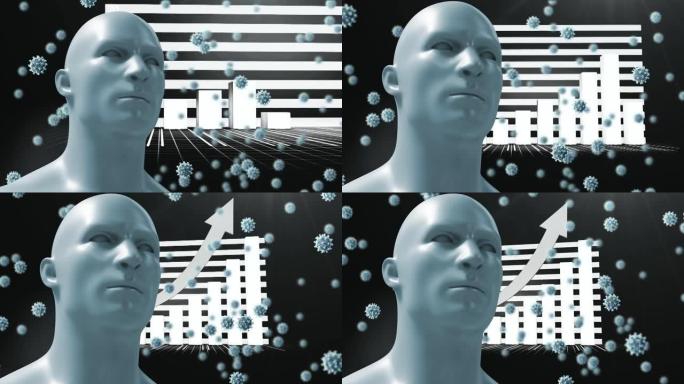 在人脸模型上漂浮的多个新型冠状病毒肺炎单元的数字动画
