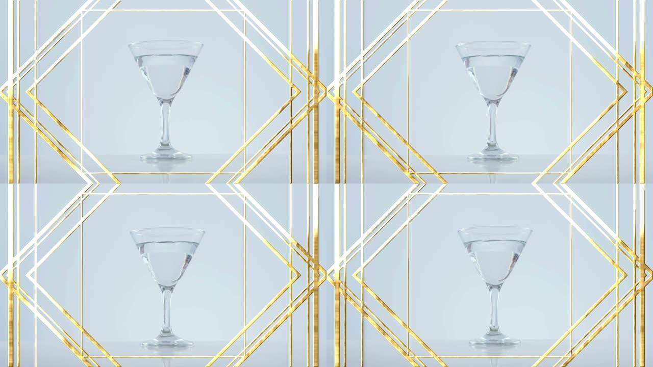 橄榄上的金色框架设计图案落入灰色背景下的鸡尾酒杯中