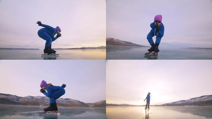 孩子在冰上训练专业速滑。这个女孩在冬天穿着运动服，运动眼镜，西装滑冰。户外慢动作。