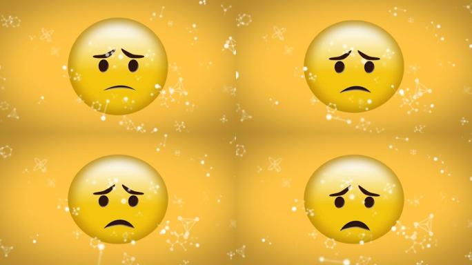 黄色背景上的悲伤表情符号上漂浮的分子结构数字动画