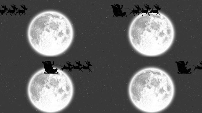 圣诞老人在雪橇上的动画与驯鹿在降雪和月亮上