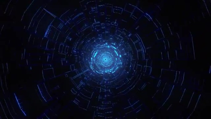 飞入网状结构，抽象霓虹蓝圈科幻隧道