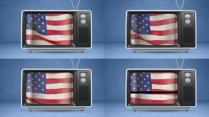 美国国旗动画在电视上的蓝色背景