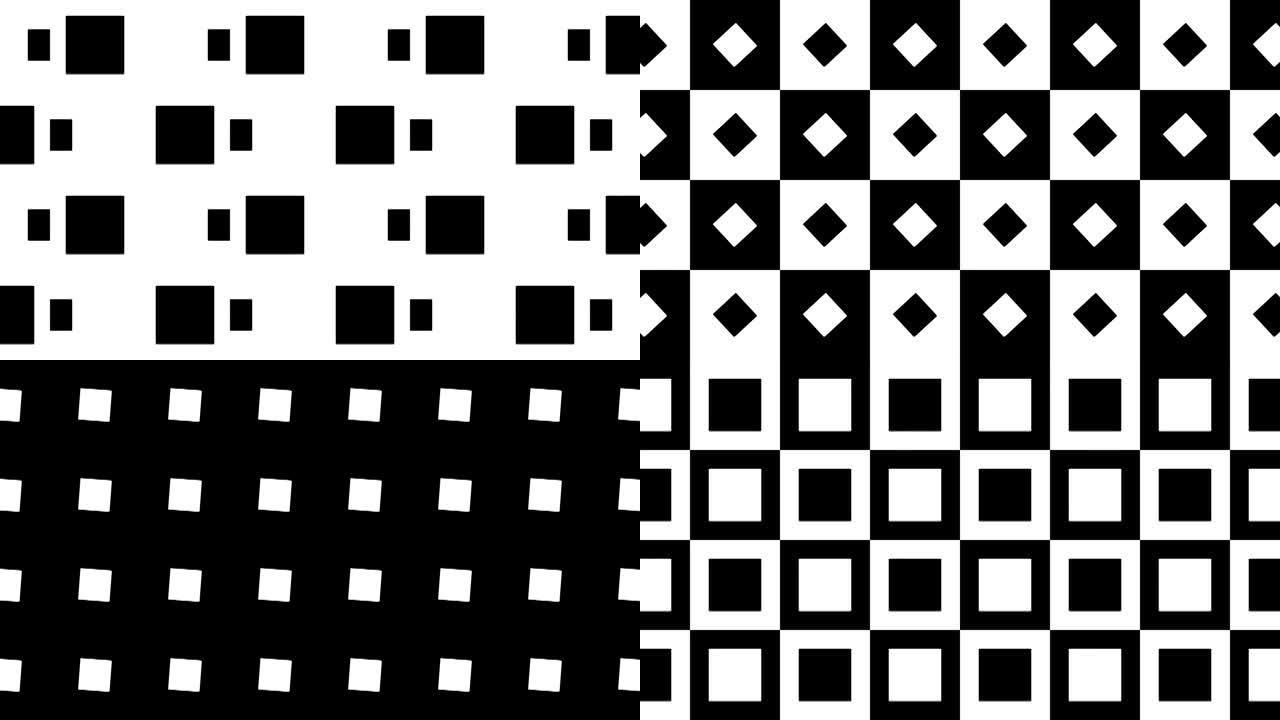 黑白动画瓷砖。最小方格运动图形无缝循环背景