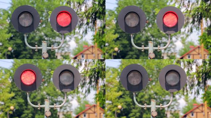 交通灯闪烁红灯。禁止汽车行驶的铁路交通灯。铁路上的交通信号灯