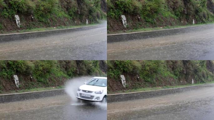 印度喜马偕尔邦山区公路上的大雨