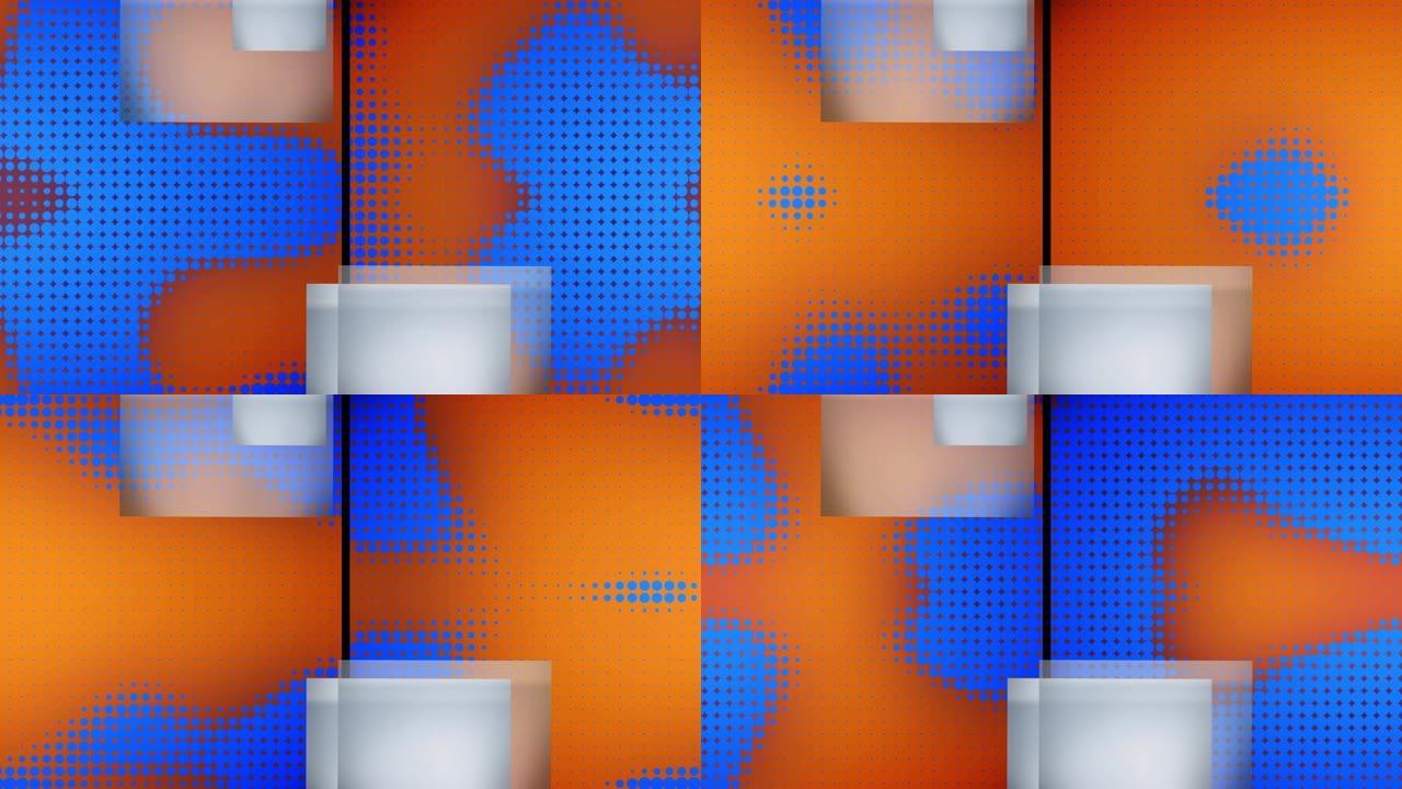 灰色正方形和蓝色像素在橙色背景上改变大小的分屏动画