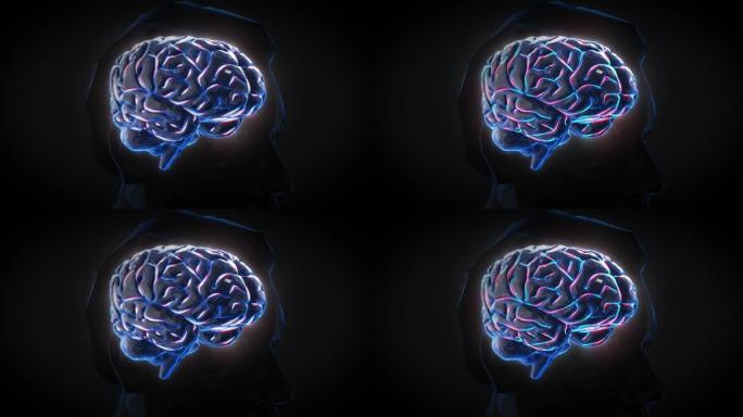 人脑数字电活动，在蓝色背景上闪烁和闪电。3d渲染