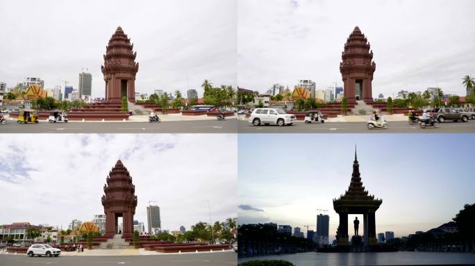 柬埔寨独立纪念碑、西哈努克铜像大范围延时