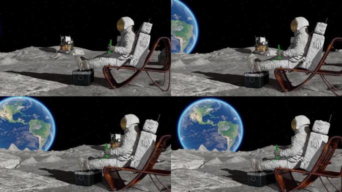 月球宇航员坐在月球表面舒适的沙滩椅上喝着啤酒，欣赏着地球的景色。