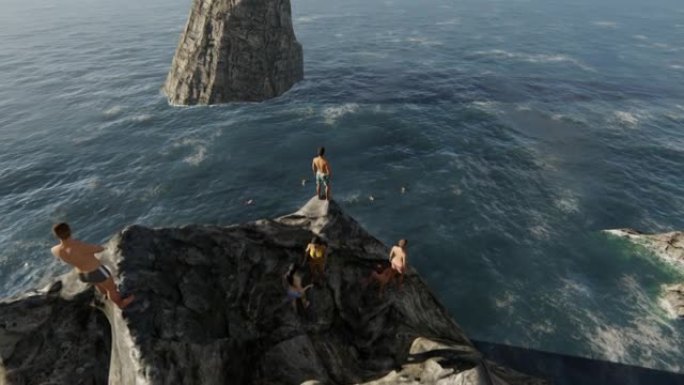 悬崖潜水员和朋友在海洋中玩乐