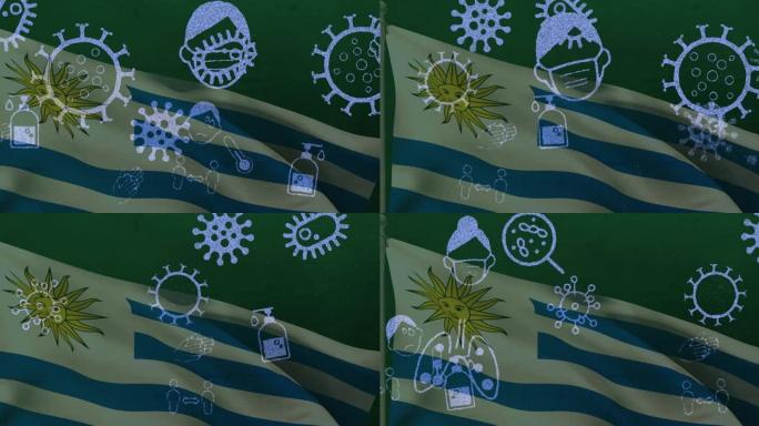 乌拉圭国旗上的covid 19病毒细胞和数字图标的动画