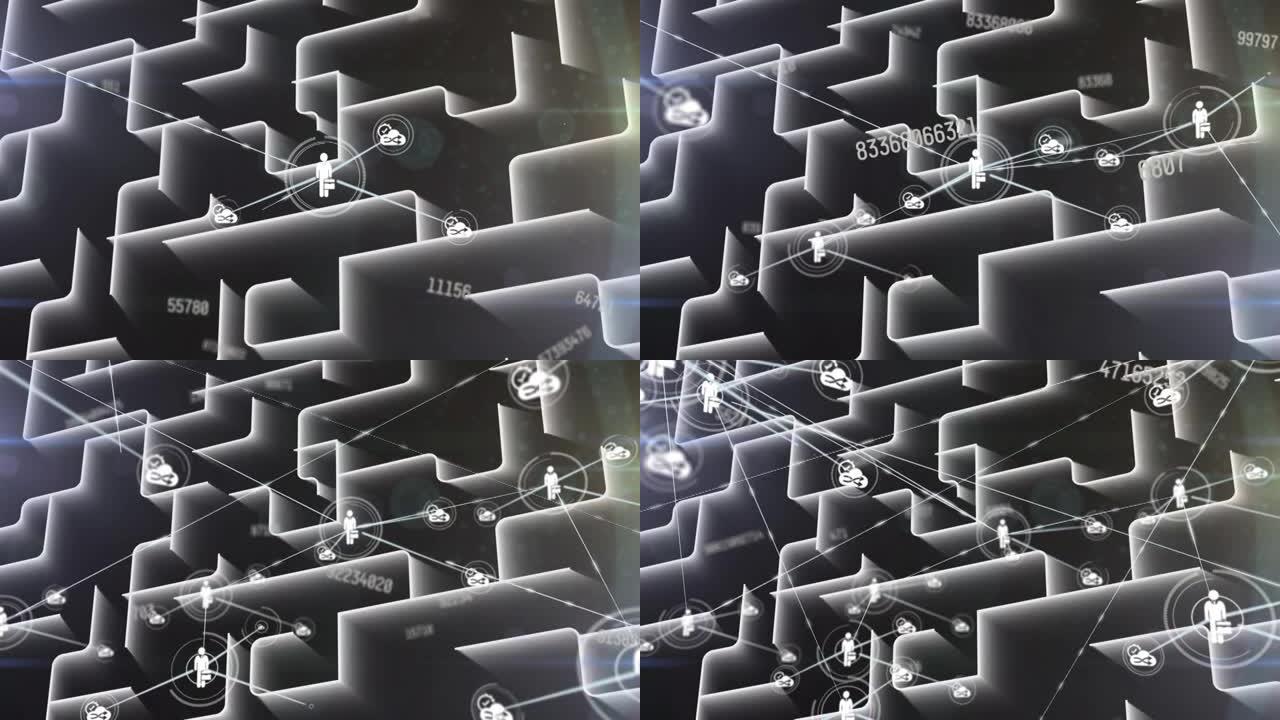 数字和迷宫上的图标连接网络动画