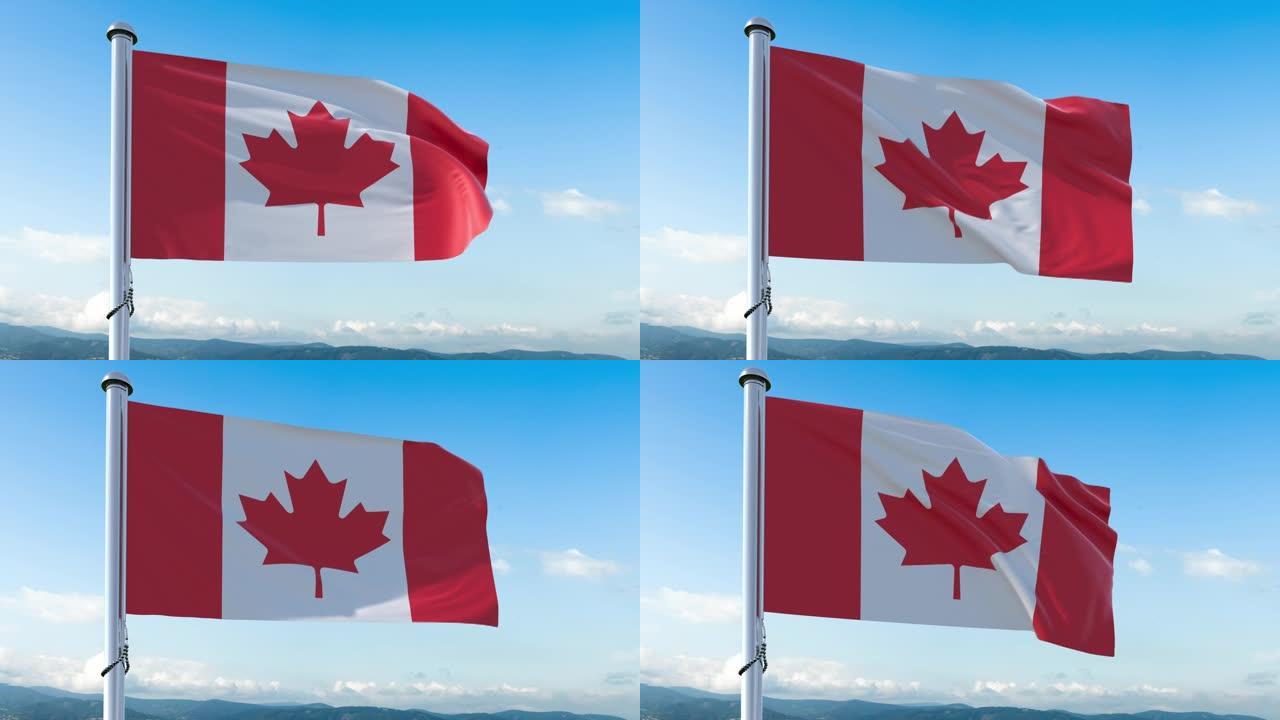 加拿大国旗在阳光明媚的日子以慢动作挥舞，加拿大国旗4K的广角拍摄，视频元素