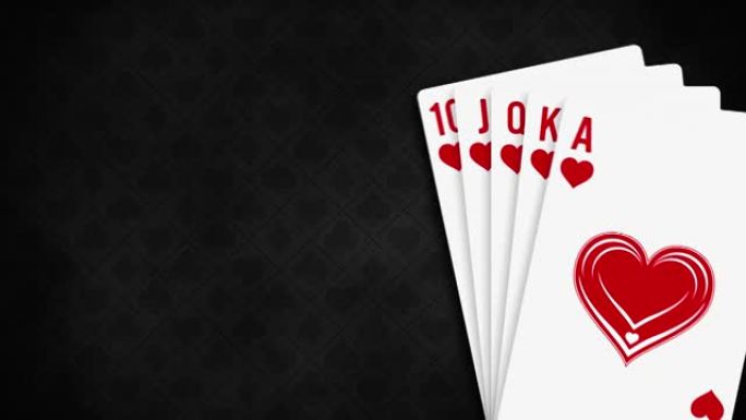 动画开场皇家同花顺红心黑底扑克牌。扑克和赌场扑克牌。空白海报模板与设计卡皇家同花顺扑克手。