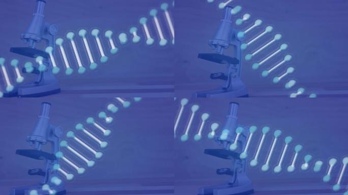 dna链在蓝色显微镜上旋转的动画