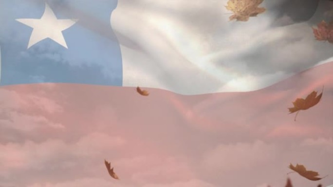 数字构图的智利挥舞的旗帜在秋天的树叶飘落在天空的云