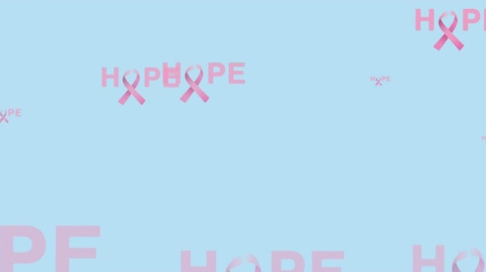 动画的多个粉红色丝带标志和希望文本飞行在蓝色背景