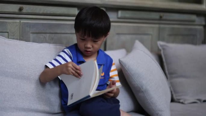 一个小男孩在沙发上看书