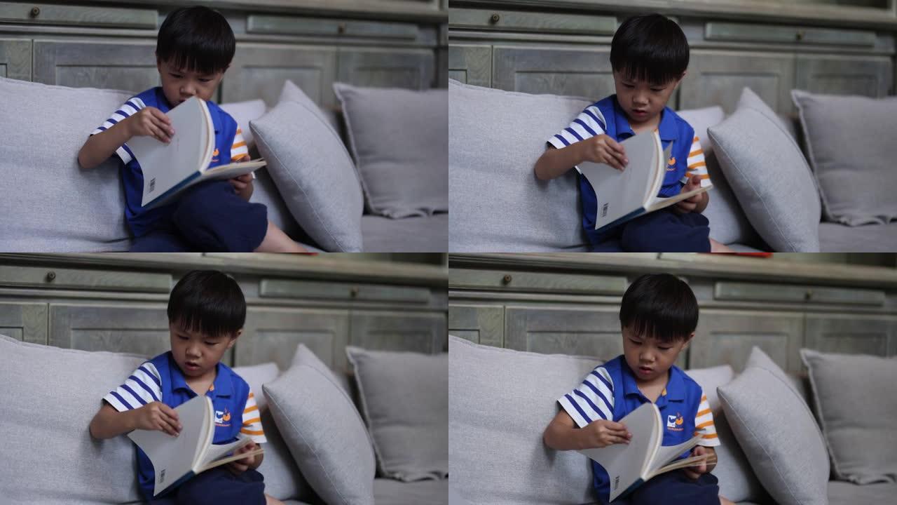 一个小男孩在沙发上看书