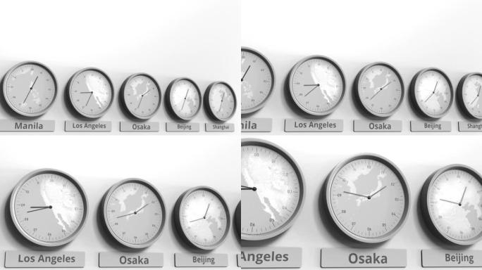 时钟显示日本大阪不同时区的时间。概念3D动画