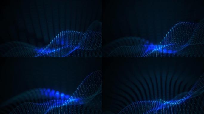 抽象未来技术背景概念。4K 3D无缝环路蓝色数字点流波。辉光蓝色霓虹灯数字粒子波动画网络空间互联网技