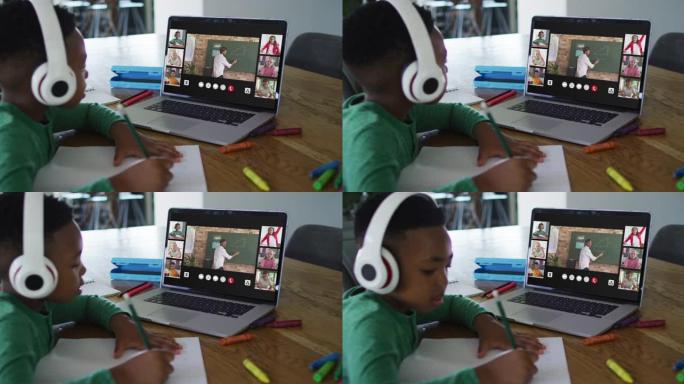 非裔美国男孩在家里用笔记本电脑进行视频会议时做作业