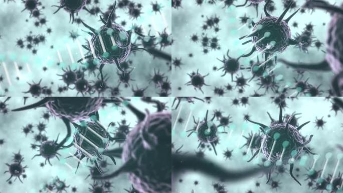 dna结构在蓝色背景下在多个新型冠状病毒肺炎细胞上旋转的数字动画