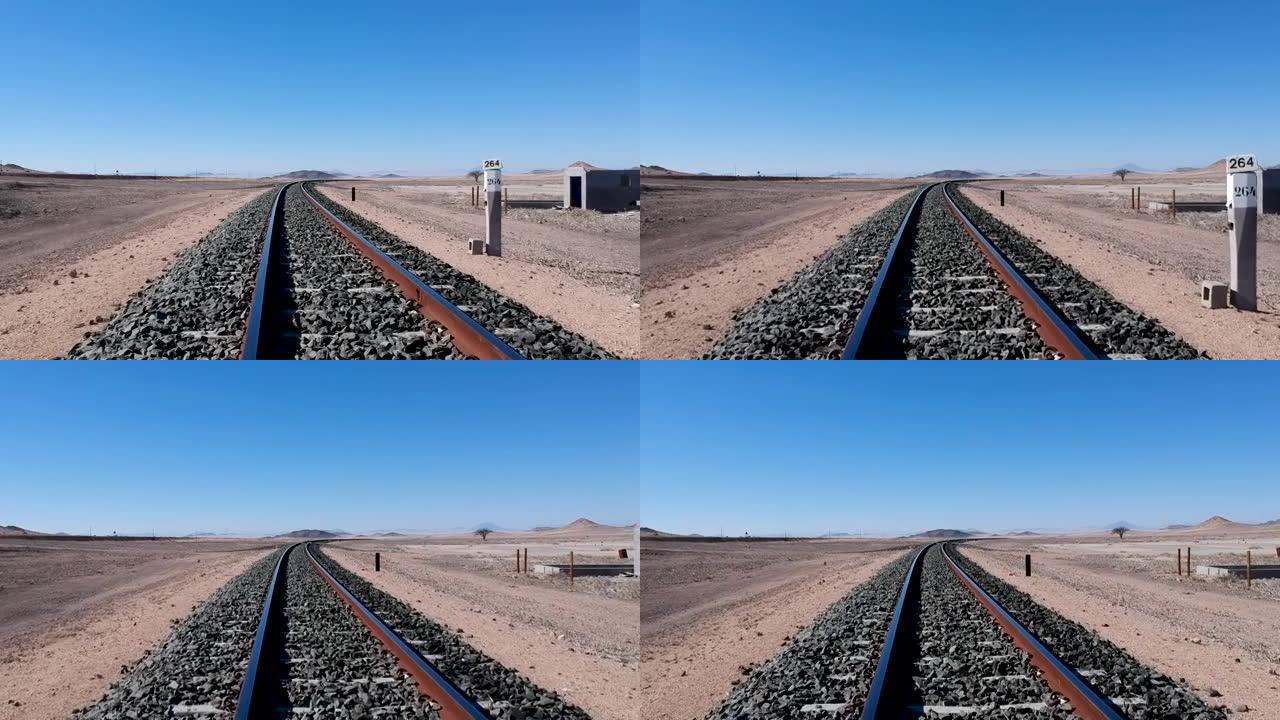 沙漠中铁路轨道的极低视野