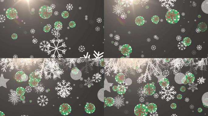 灰色背景上飘落的白色雪花、星星和圣诞摆设的动画