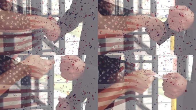 五彩纸屑落在美国国旗和商人握手的动画