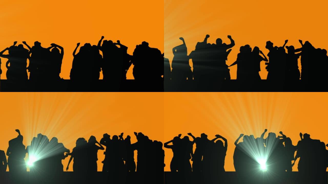 在橙色背景下跳舞的人的剪影上的光点数字动画