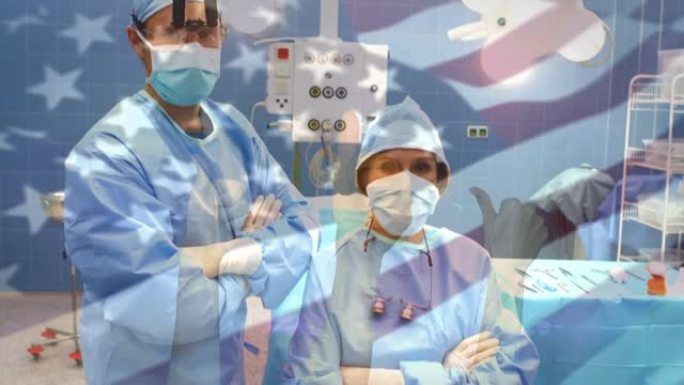 美国国旗在口罩上挥舞着外科医生的动画