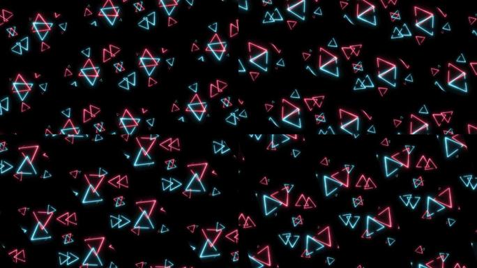 粉色蓝色三角光抽象在黑屏上漂浮和旋转